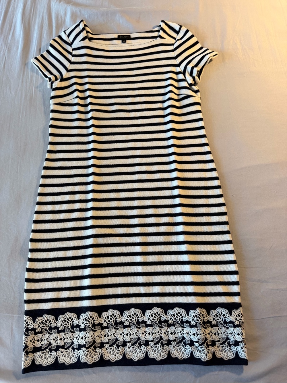 Talbots Black and White Striped Dress with Lace Hem